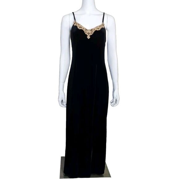 Delicates Womens S Black Velvet Slip‎ Maxi Gold Embroidered Neckline Goth Sexy - Picture 1 of 7